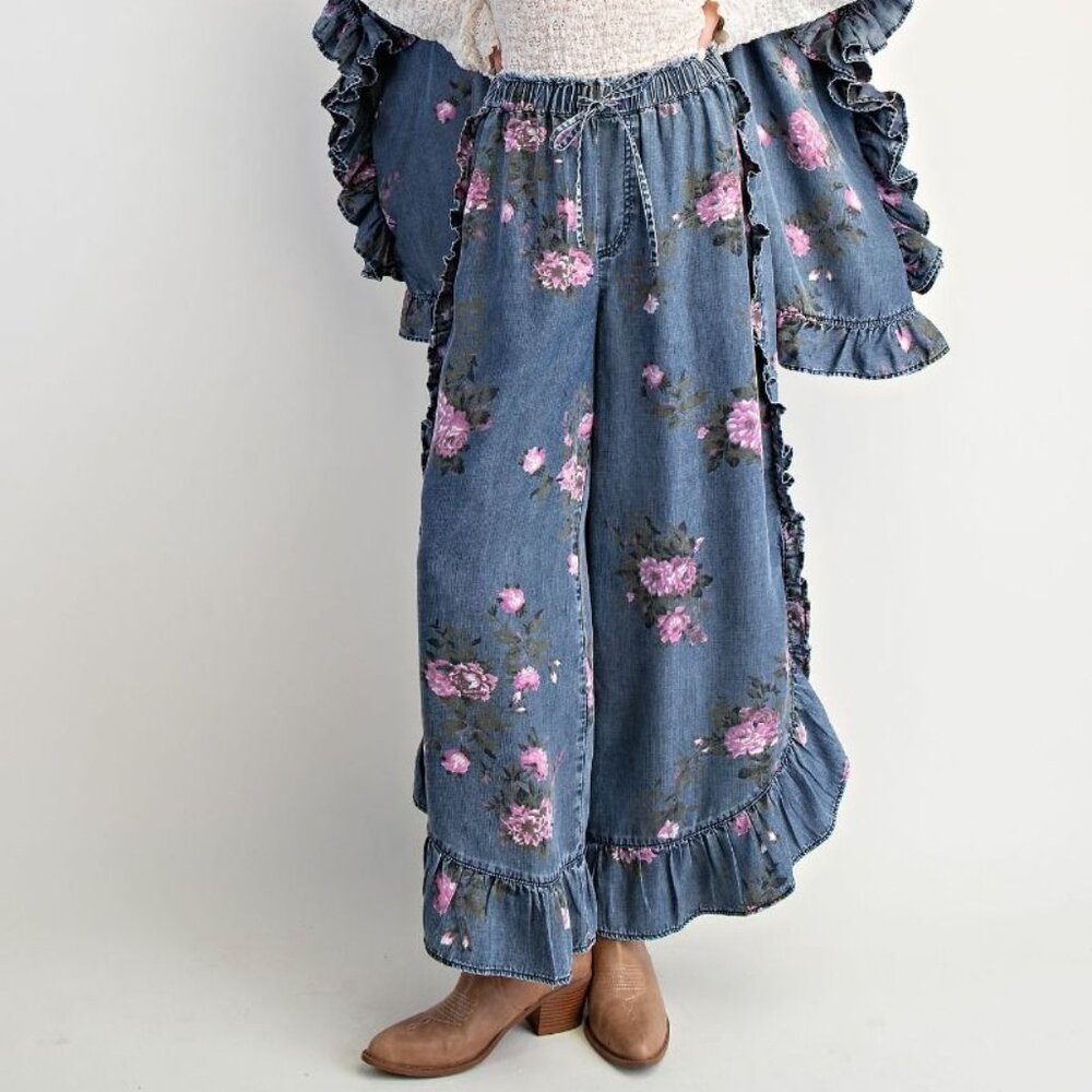 E29 Easel Dark Wash Floral Printed Chambray Loose Fit Pants Plus Size